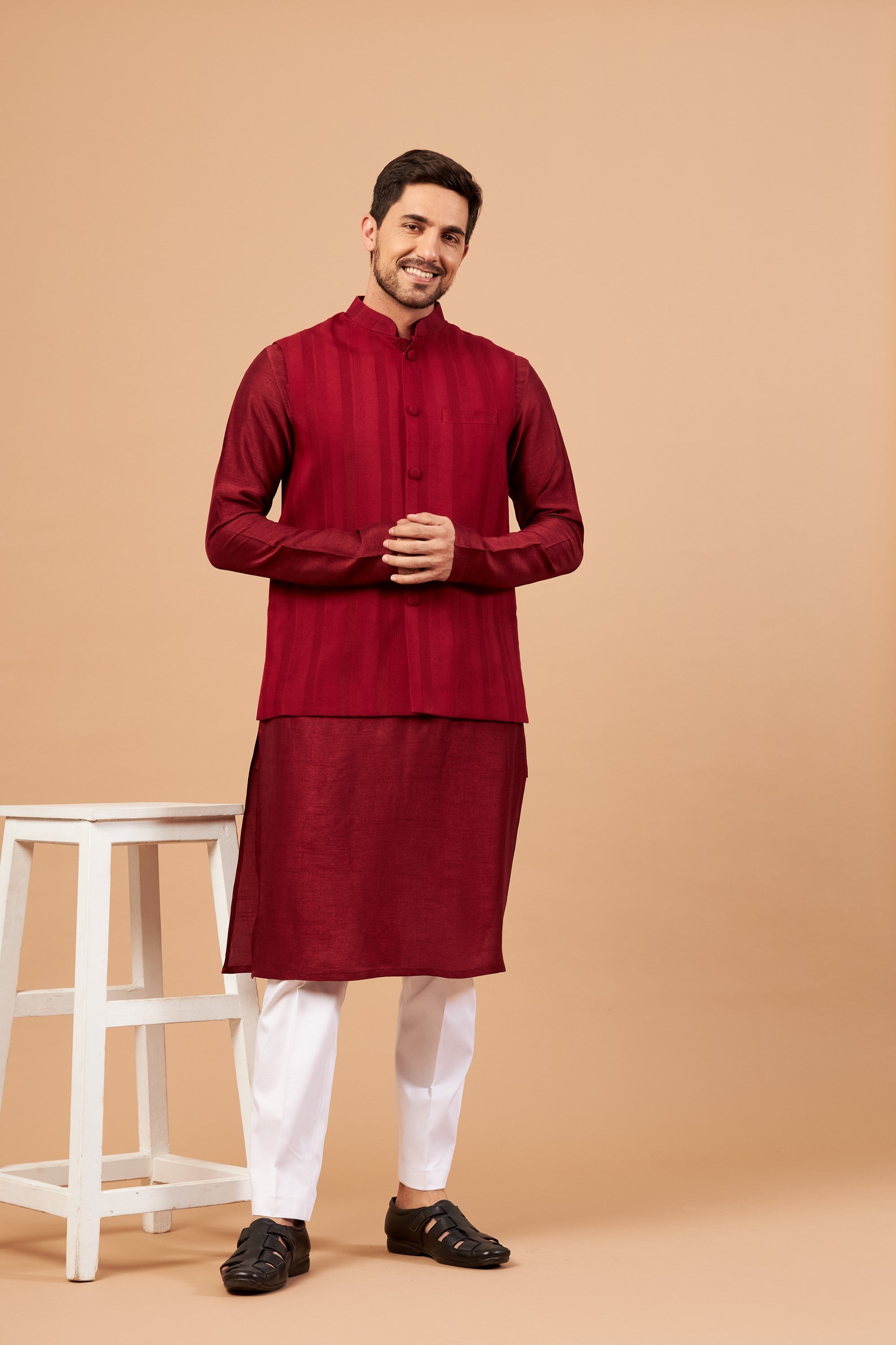 Men's Red Color Nehru Jacket With Kurta Pant Set