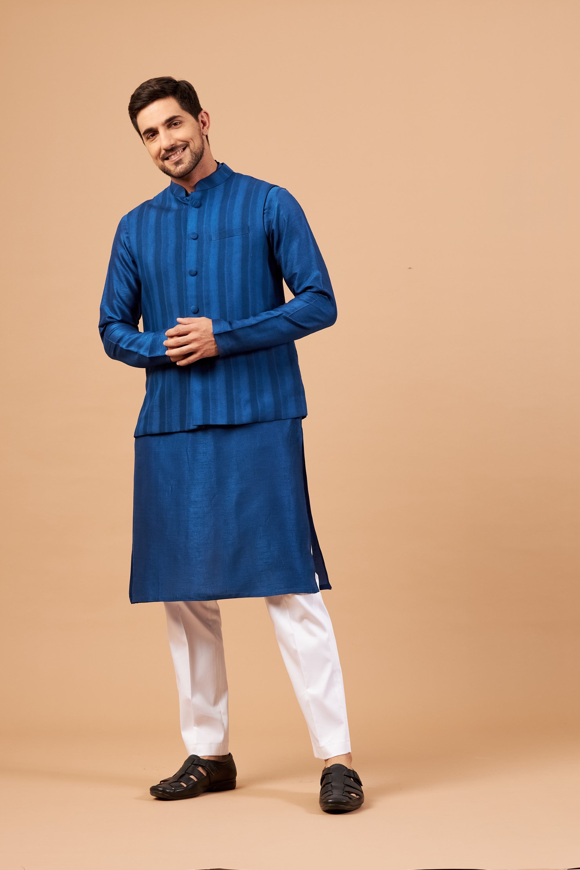 Men's Blue Color Nehru Jacket With Kurta Pant Set