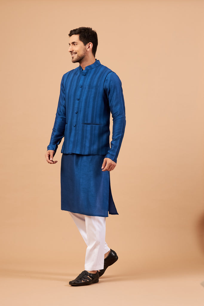 Men's Blue Color Nehru Jacket With Kurta Pant Set