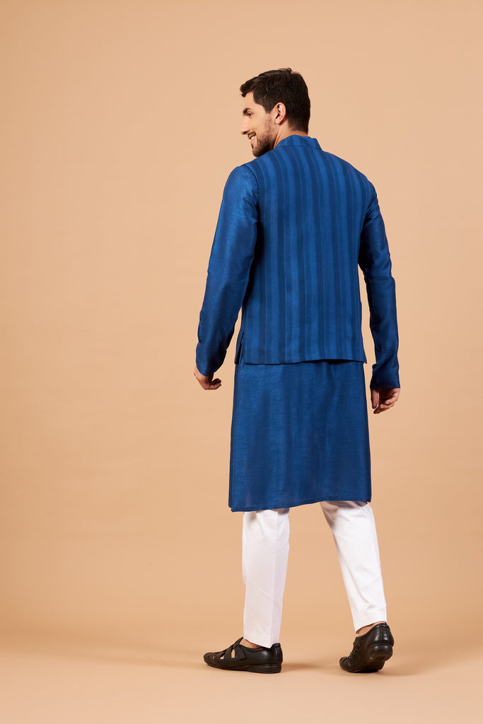 Men's Blue Color Nehru Jacket With Kurta Pant Set