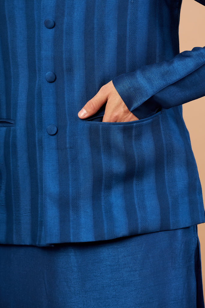 Men's Blue Color Nehru Jacket With Kurta Pant Set