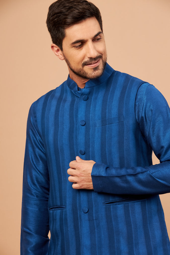 Men's Blue Color Nehru Jacket With Kurta Pant Set