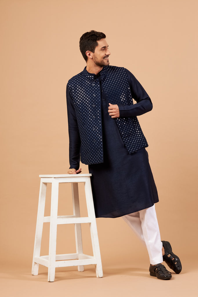 Men's Blue Color Nehru Jacket With Kurta Pant Set