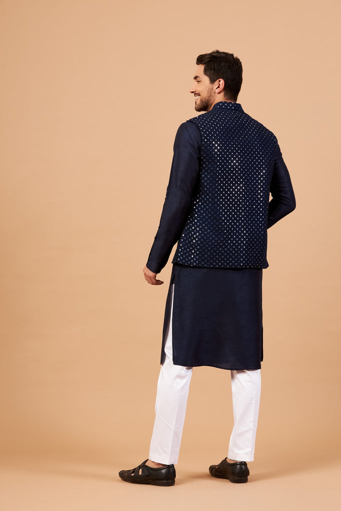 Men's Blue Color Nehru Jacket With Kurta Pant Set