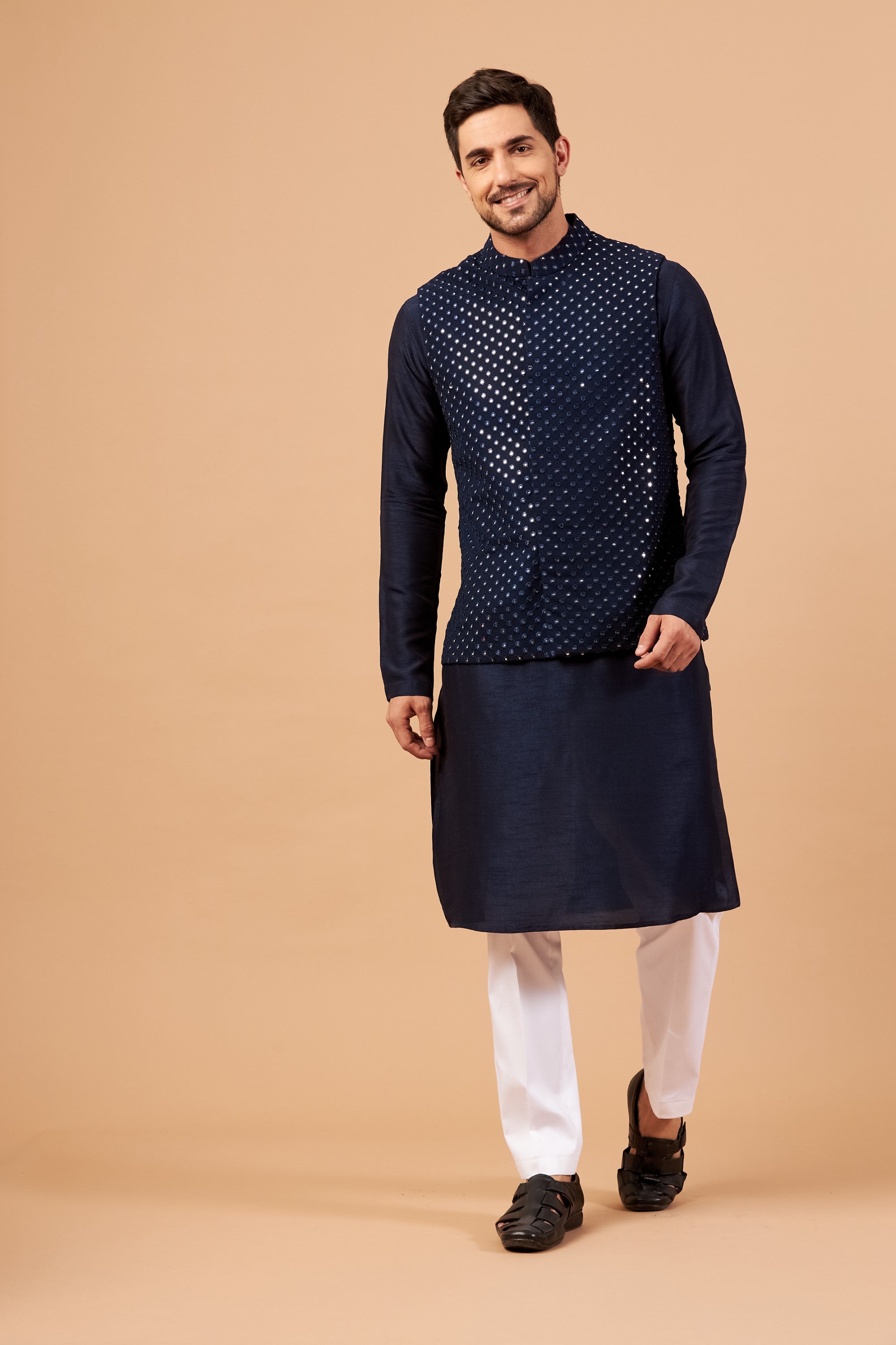 Men's Blue Color Nehru Jacket With Kurta Pant Set