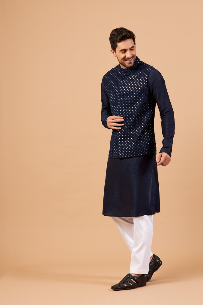 Men's Blue Color Nehru Jacket With Kurta Pant Set