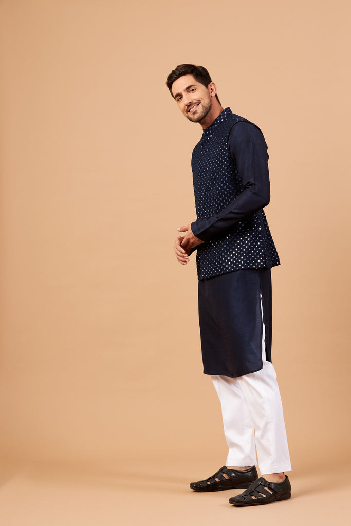 Men's Blue Color Nehru Jacket With Kurta Pant Set