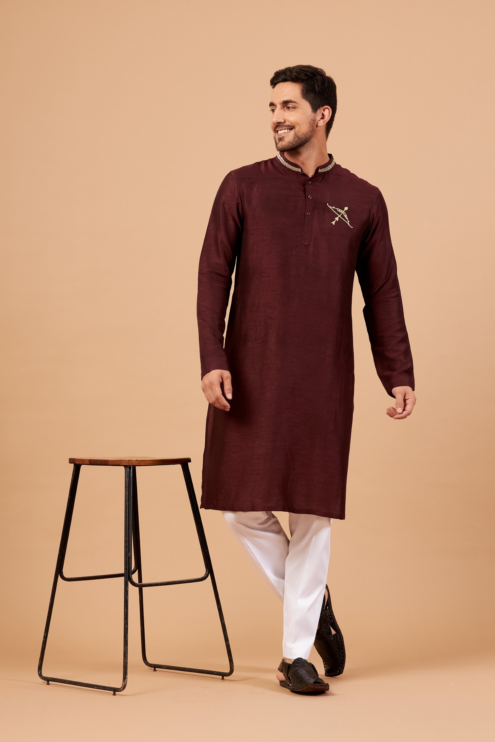 Men's Maroon Color Adira Gold Zari Embroidered Kurta Semi Raw Silk Mix