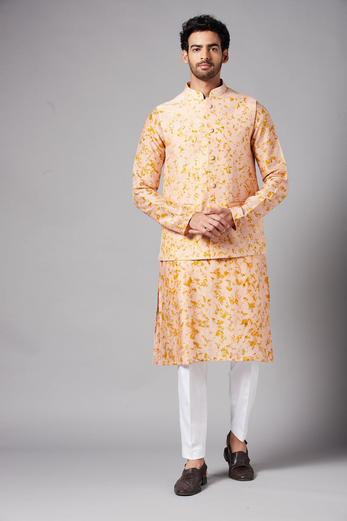 Men's Peach Color Nehru Jacket With Kurta Pant Set