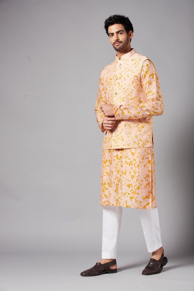 Men's Peach Color Nehru Jacket With Kurta Pant Set