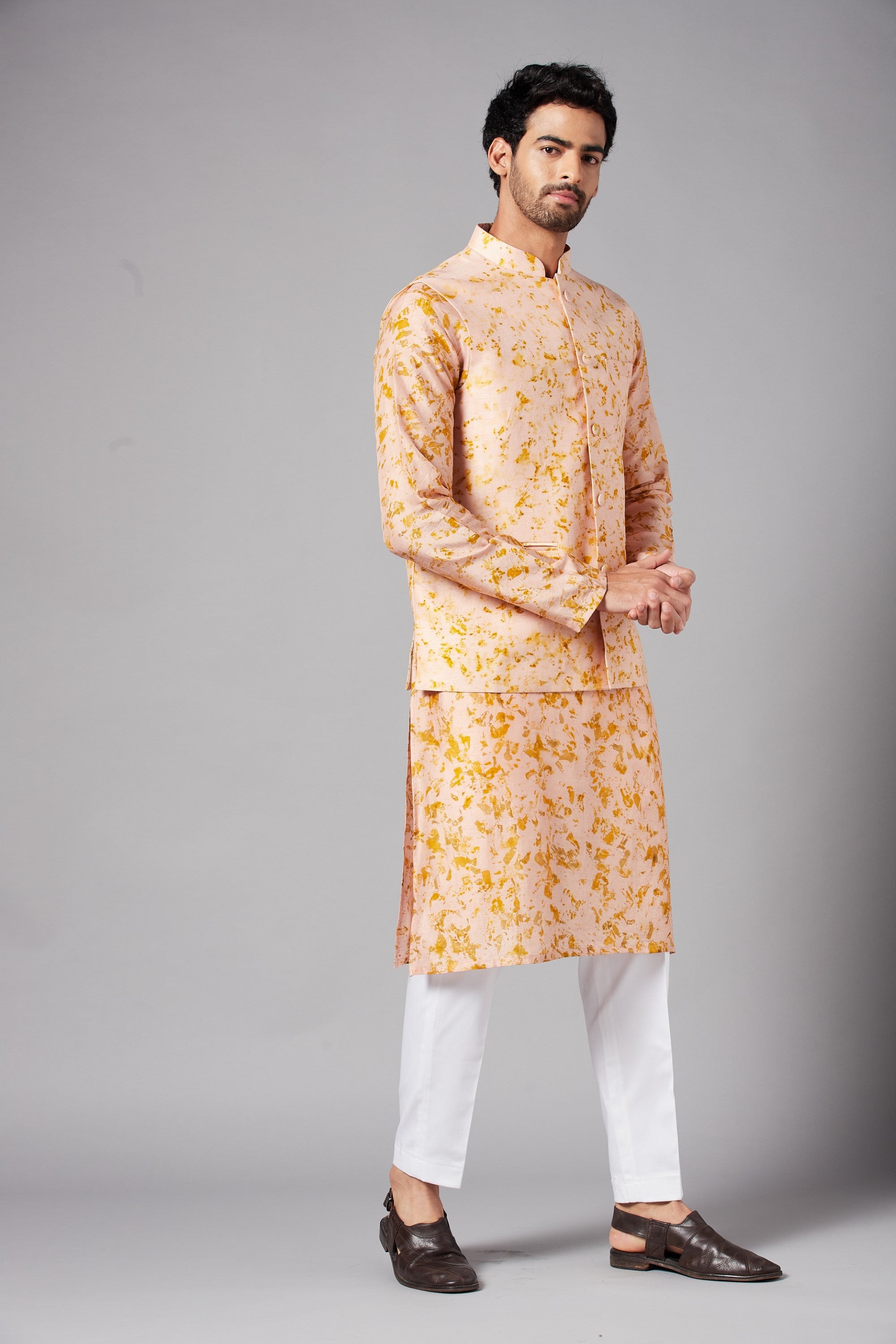 Men's Peach Color Nehru Jacket With Kurta Pant Set - Hilo Design