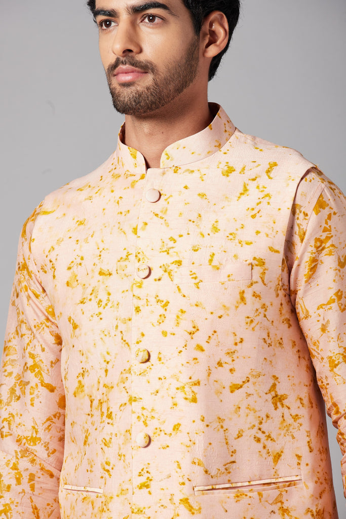Men's Peach Color Nehru Jacket With Kurta Pant Set
