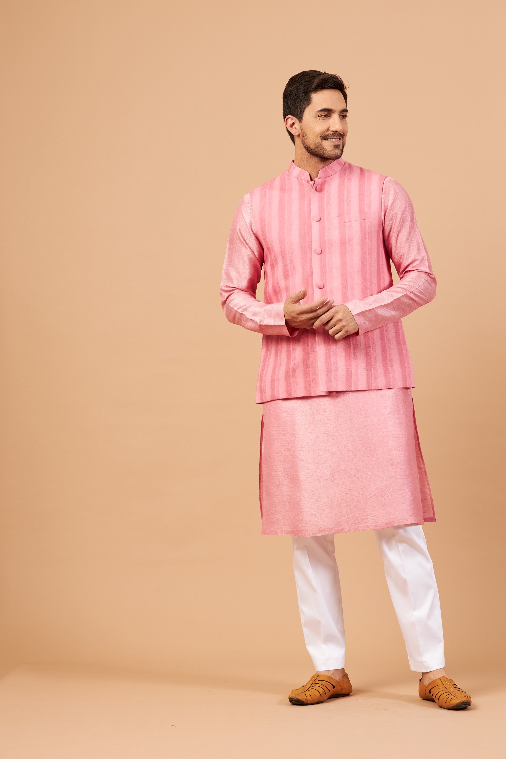 Men's Pink Color Nehru Jacket With Kurta Pant Set