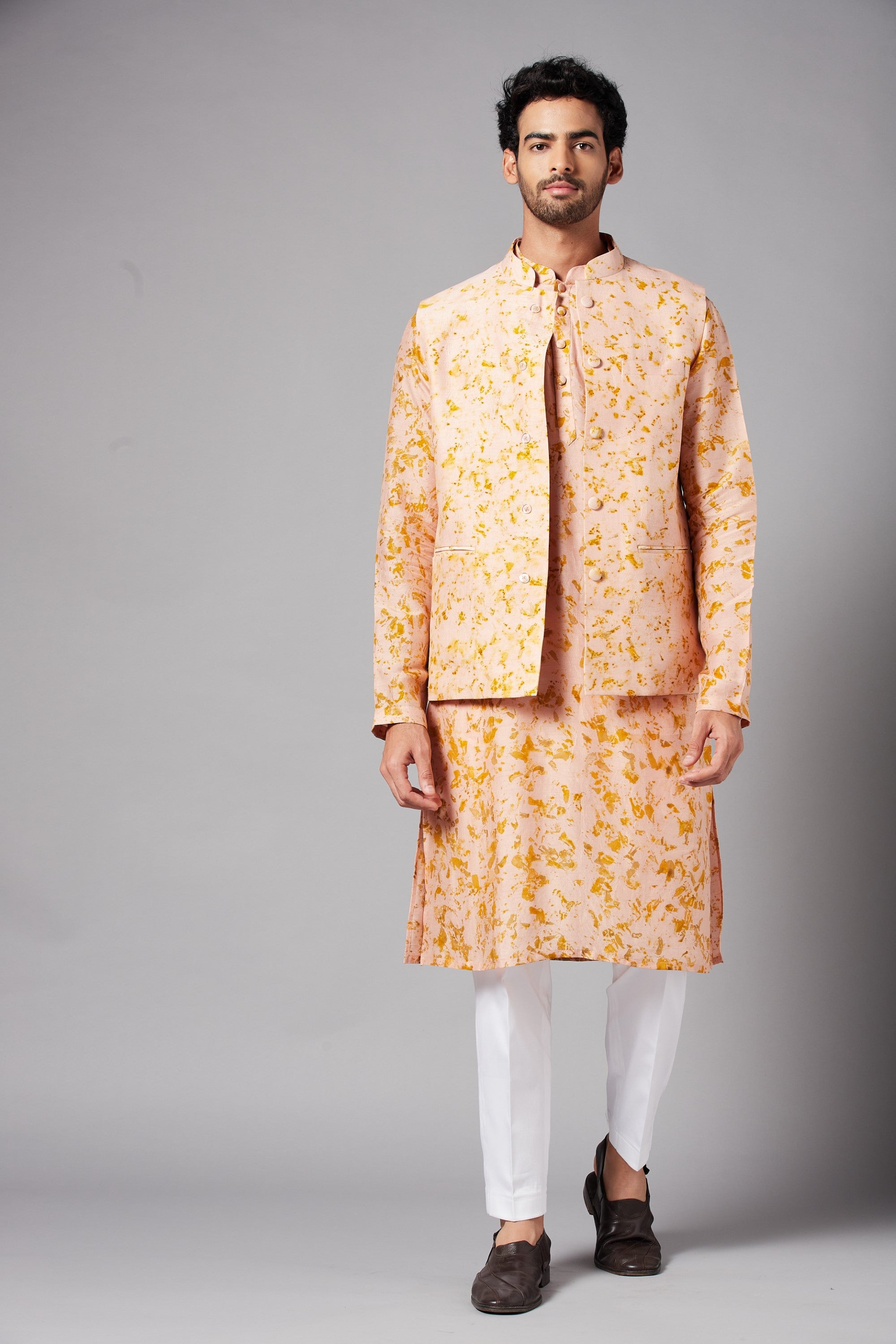 Men's Peach Color Nehru Jacket With Kurta Pant Set - Hilo Design