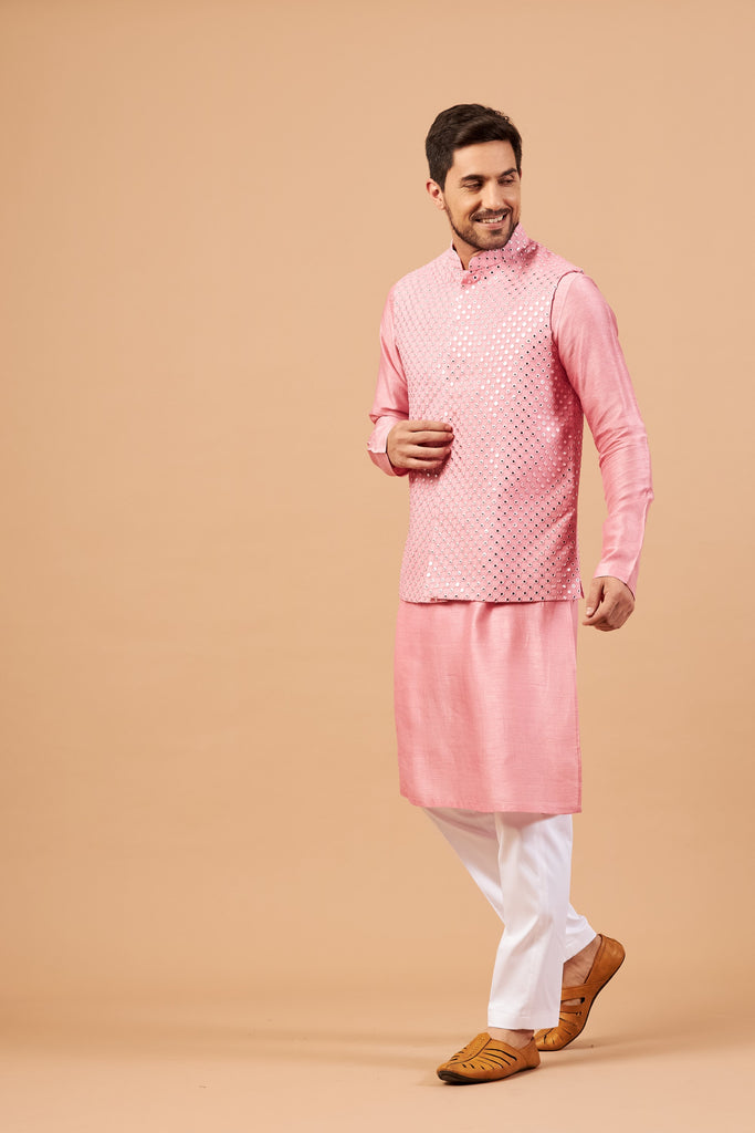 Men's Pink Color Nehru Jacket With Kurta Pant Set