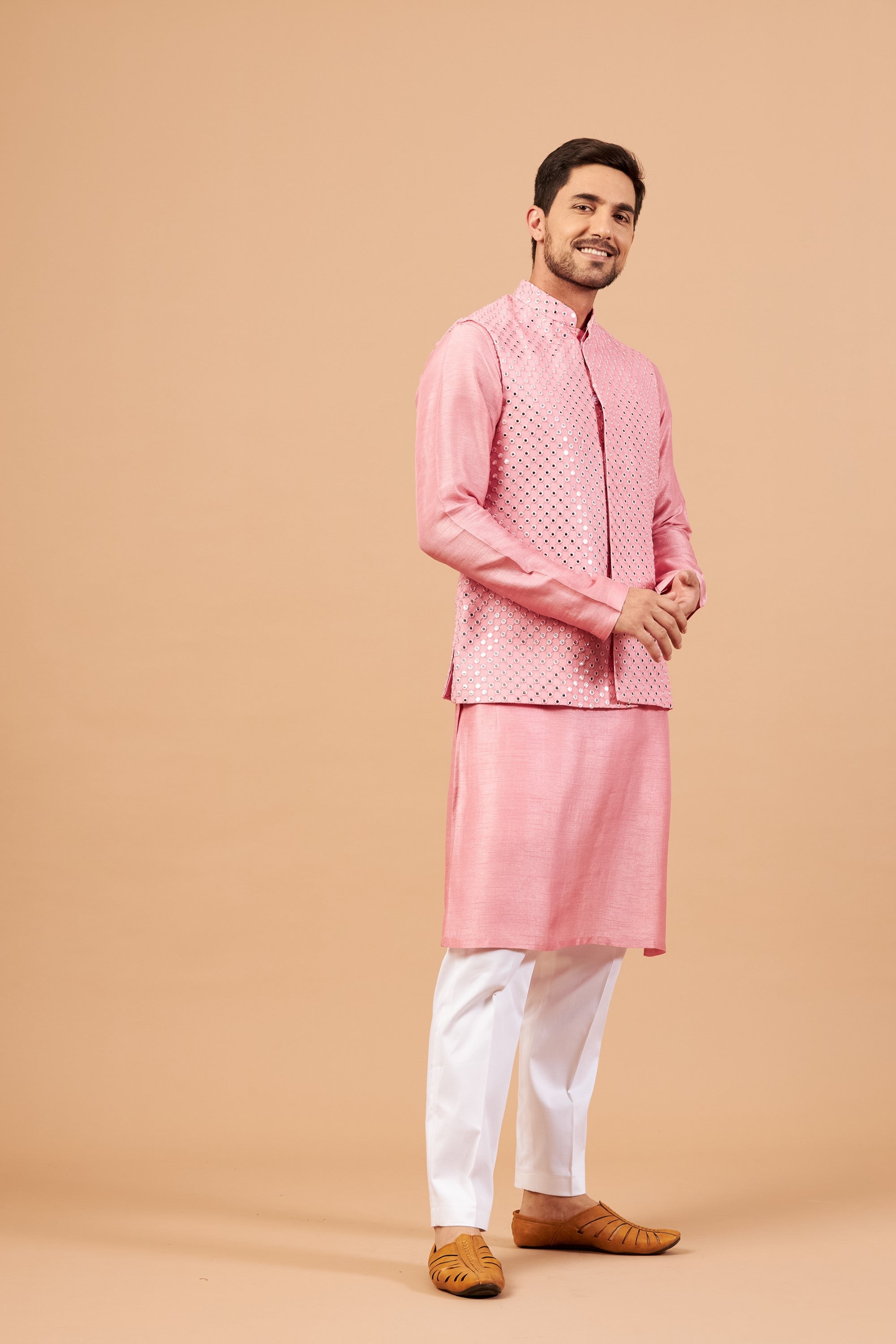 Men's Plus Size Orange Matka Silk Nehru Jacket With Cream Silk Blend Kurta  and Pant style Pyjama Set - Absolutely Desi