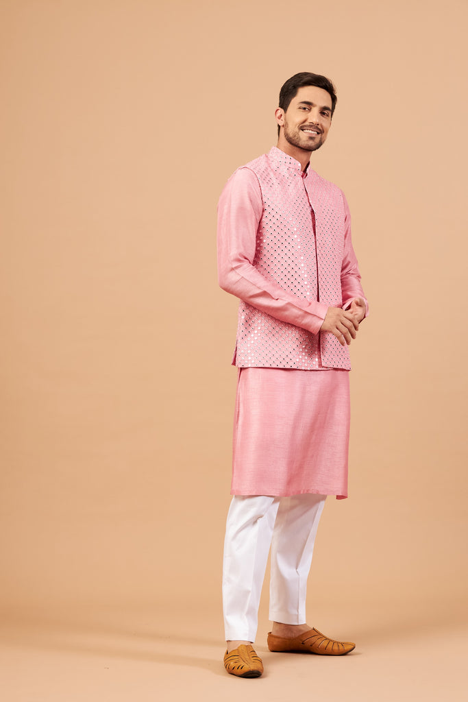 Men's Pink Color Nehru Jacket With Kurta Pant Set