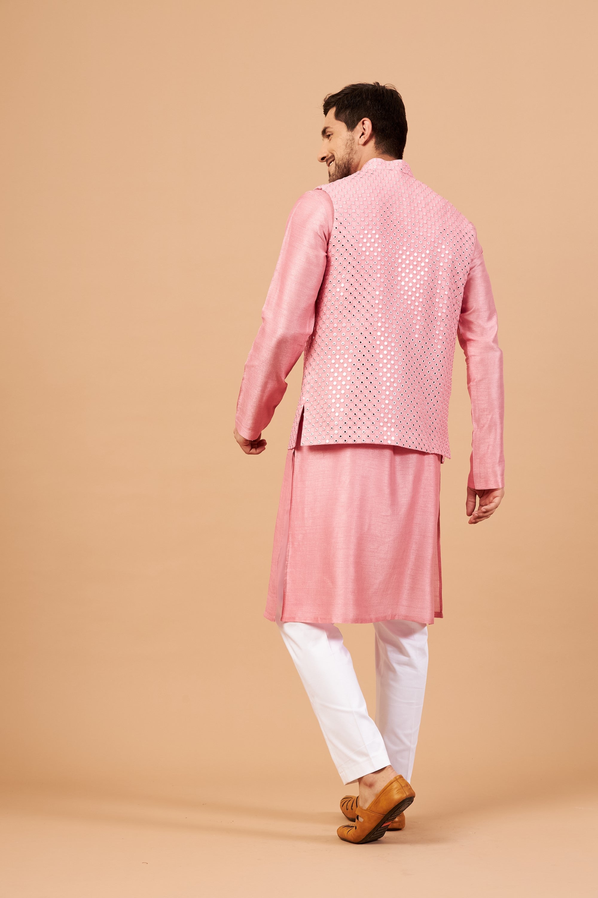 Men's Pink Color Nehru Jacket With Kurta Pant Set