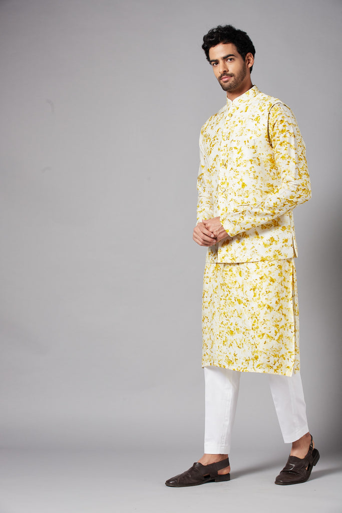Men's White Color Nehru Jacket With Kurta Pant Set