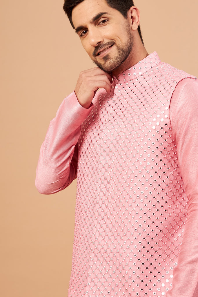 Men's Pink Color Nehru Jacket With Kurta Pant Set