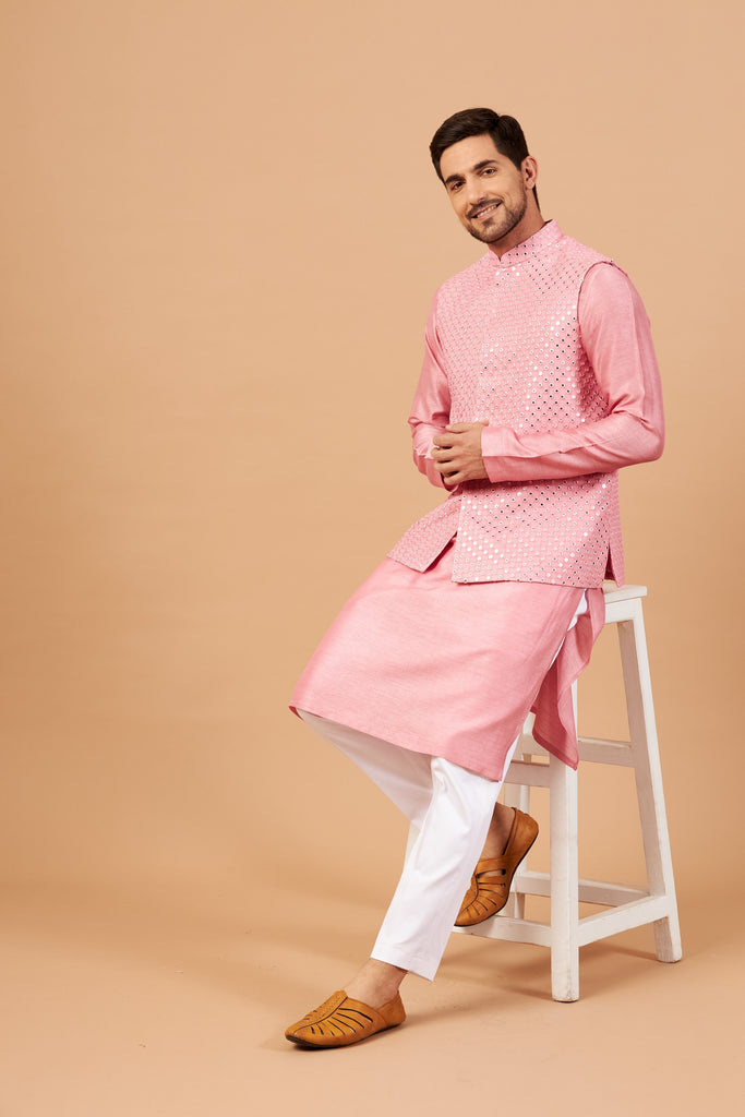 Men's Pink Color Nehru Jacket With Kurta Pant Set