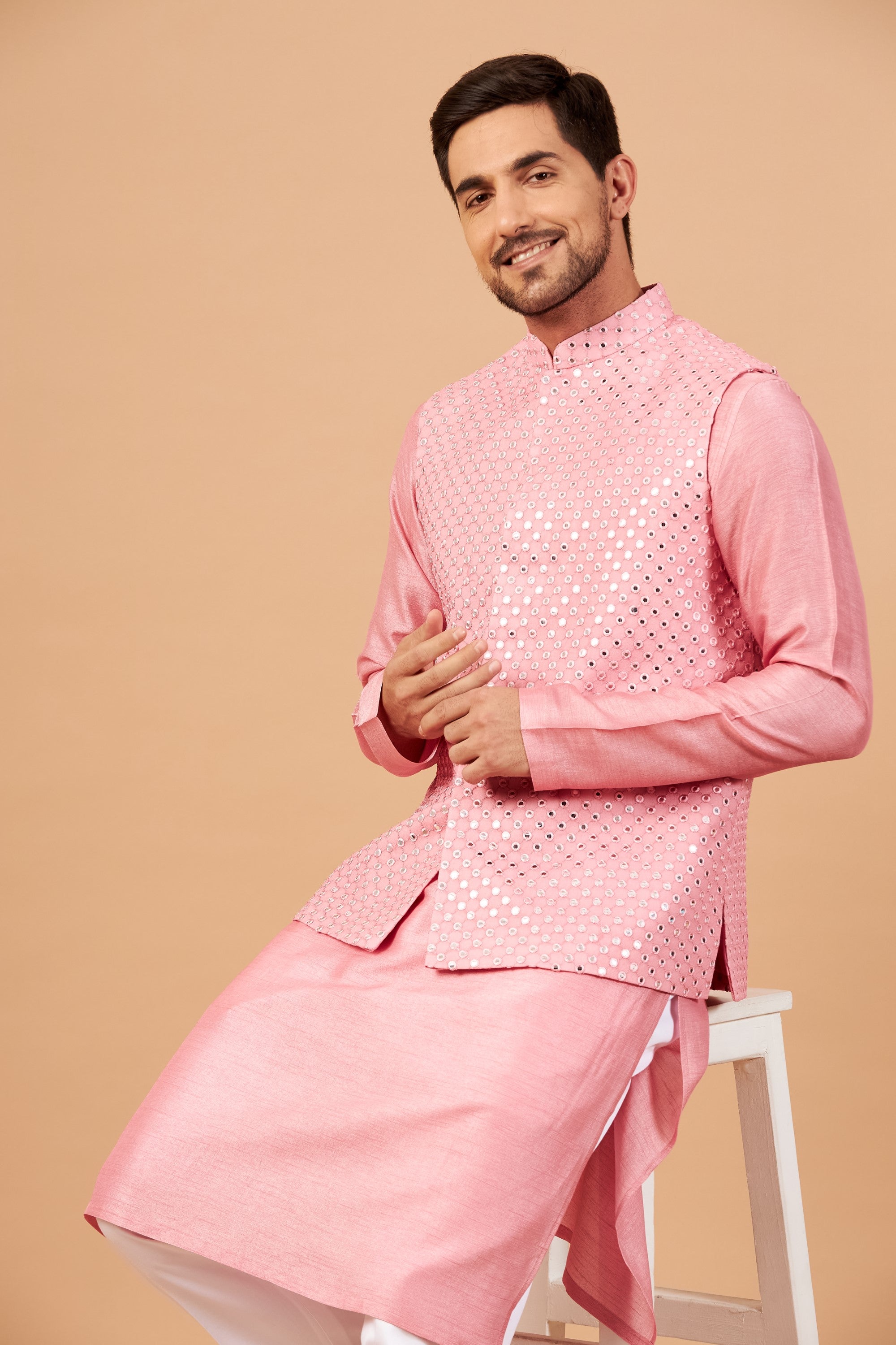 Men's Pink Color Nehru Jacket With Kurta Pant Set - Hilo Design