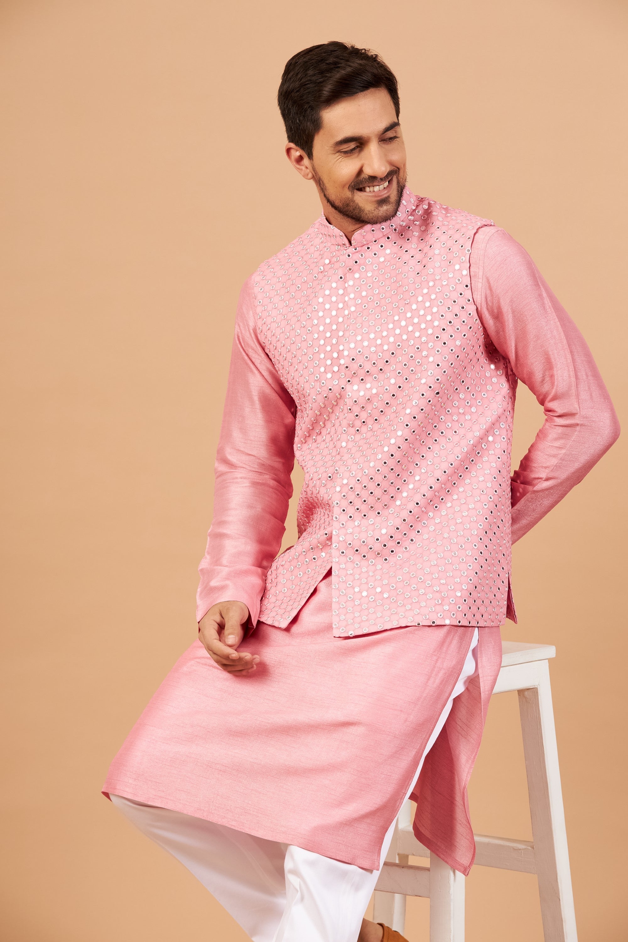 Men's Pink Color Nehru Jacket With Kurta Pant Set - Hilo Design