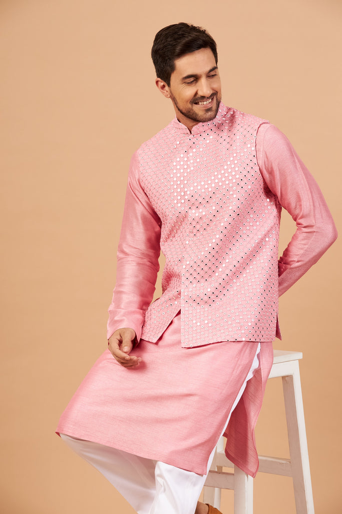 Men's Pink Color Nehru Jacket With Kurta Pant Set