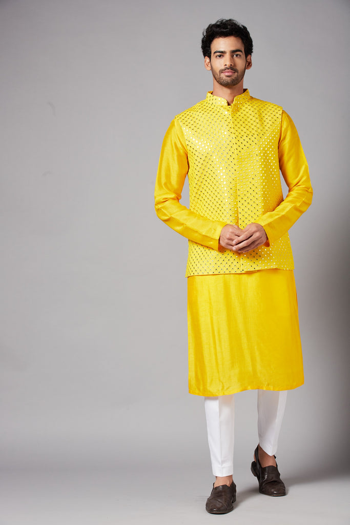 Men's Mustard Color Nehru Jacket With Kurta Pant Set