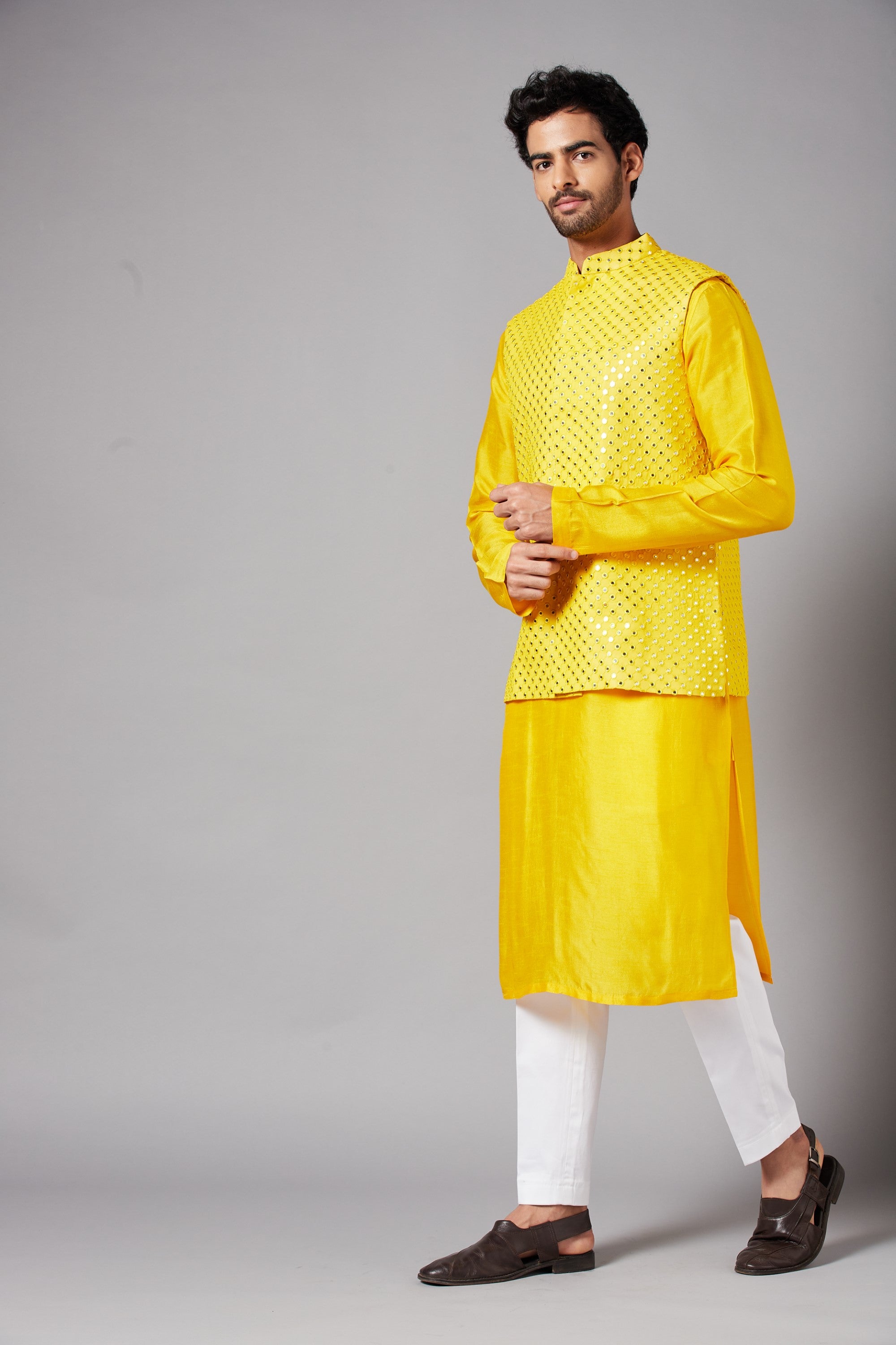 Men's Mustard Color Nehru Jacket With Kurta Pant Set