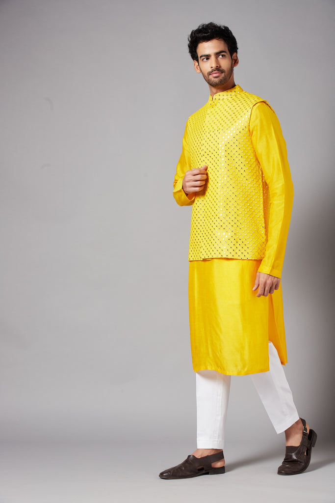 Men's Mustard Color Nehru Jacket With Kurta Pant Set
