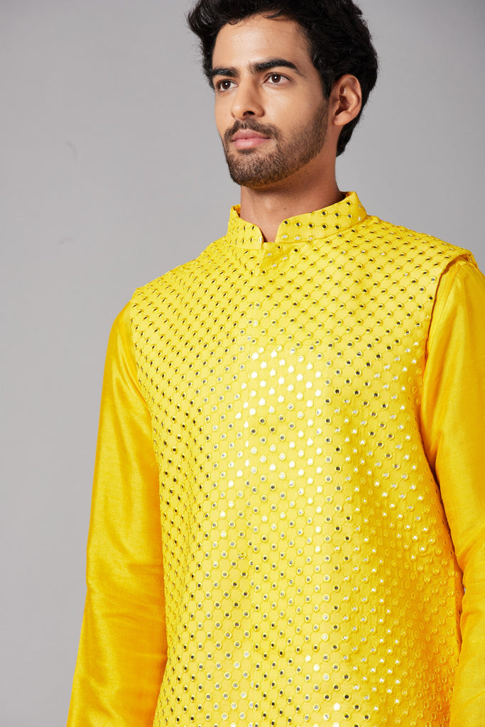 Men's Mustard Color Nehru Jacket With Kurta Pant Set