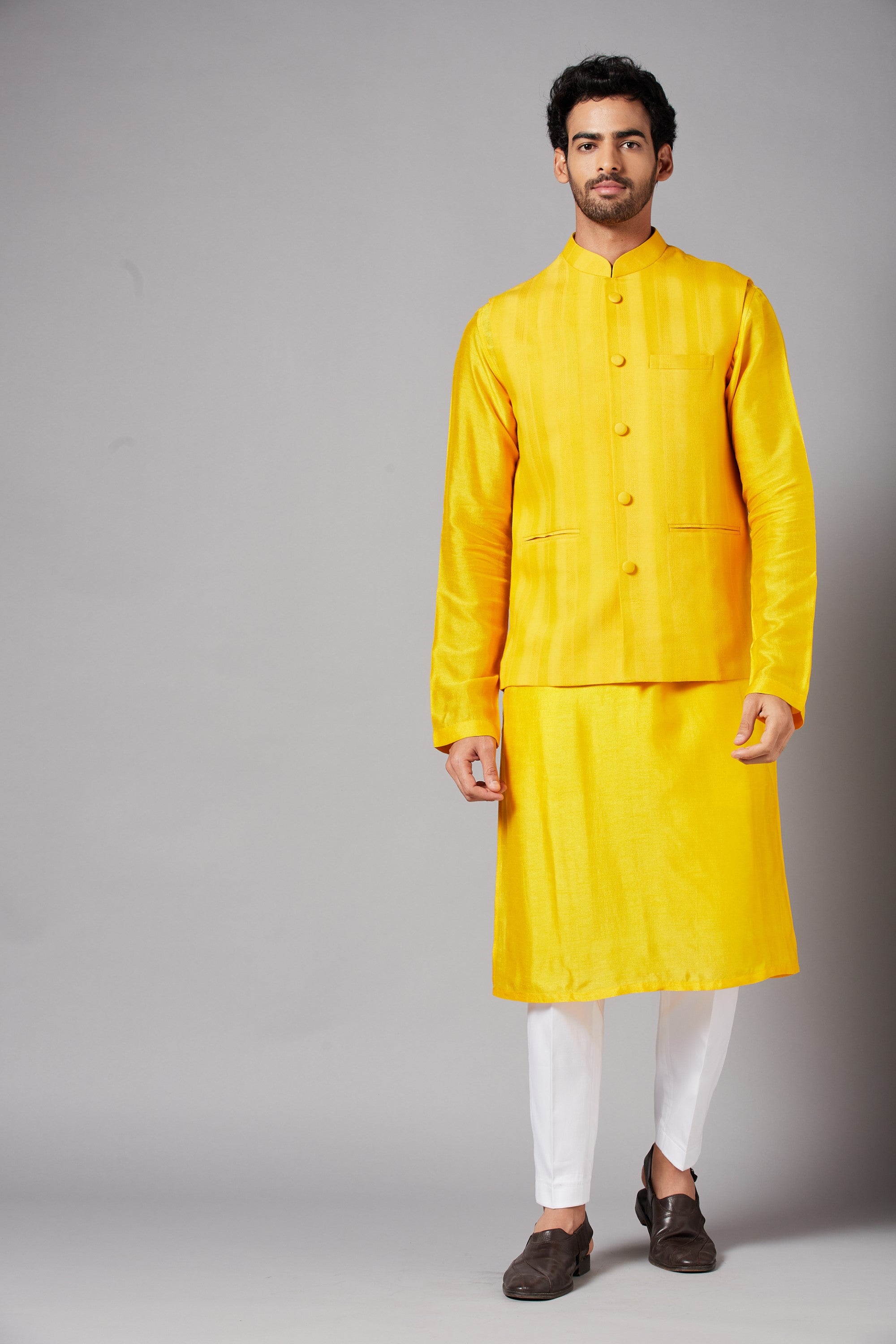 Men's Mustard Color Nehru Jacket With Kurta Pant Set