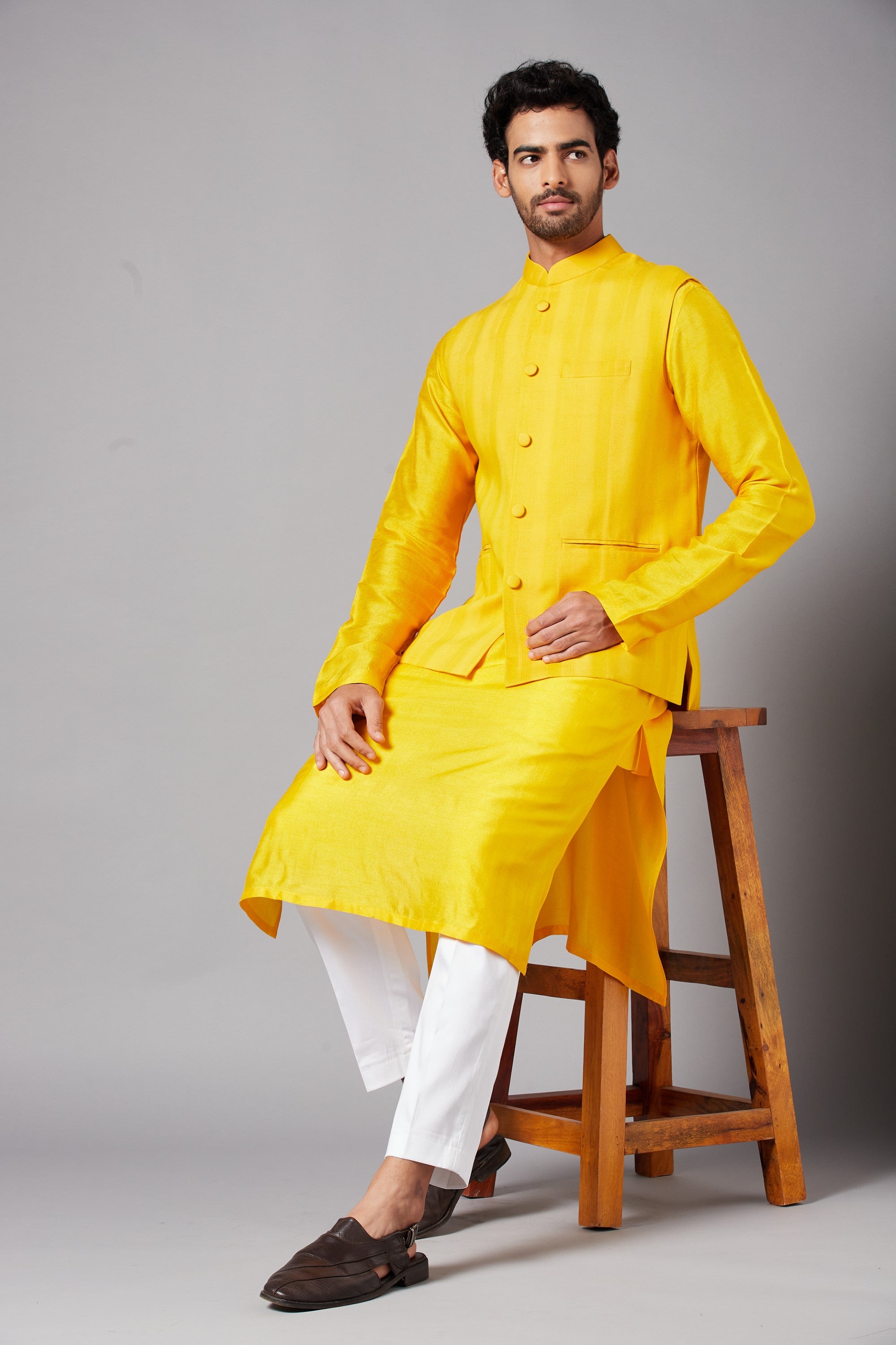 Men's Mustard Color Nehru Jacket With Kurta Pant Set - Hilo Design