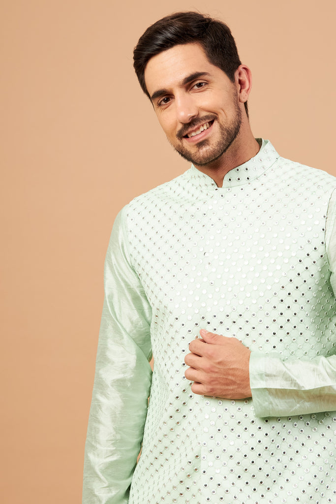 Men's Green Color Nehru Jacket With Kurta Pant Set