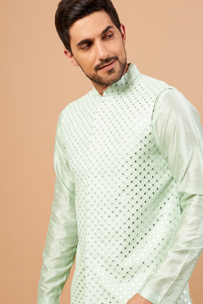 Men's Green Color Nehru Jacket With Kurta Pant Set