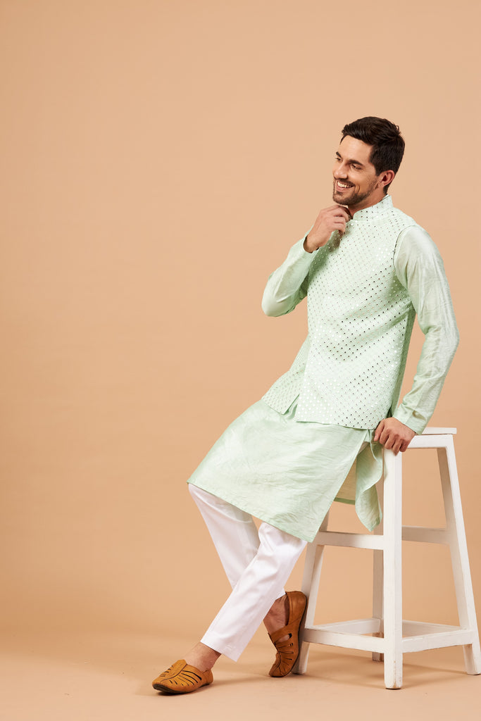 Men's Green Color Nehru Jacket With Kurta Pant Set
