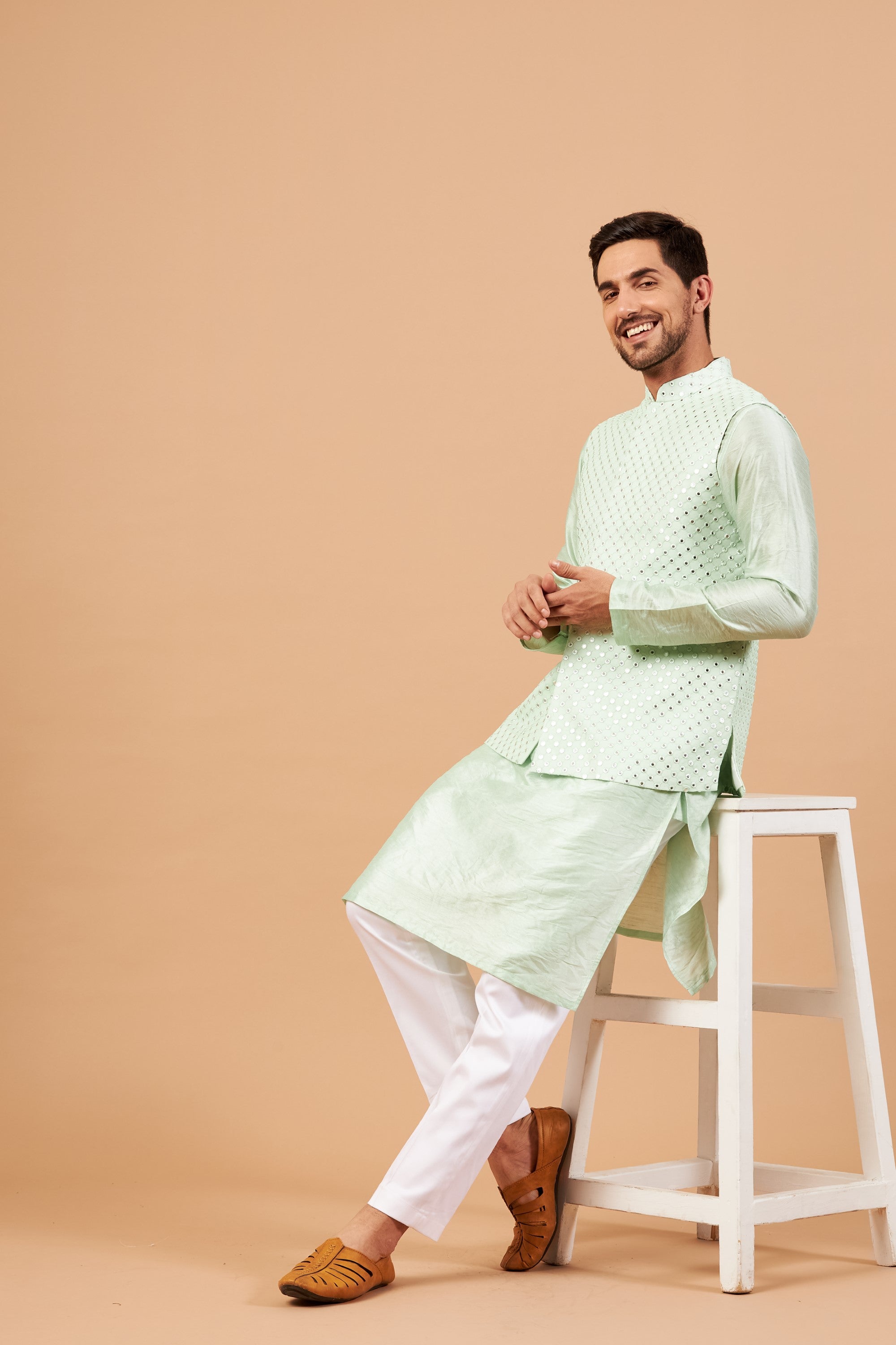 Men's Green Color Nehru Jacket With Kurta Pant Set