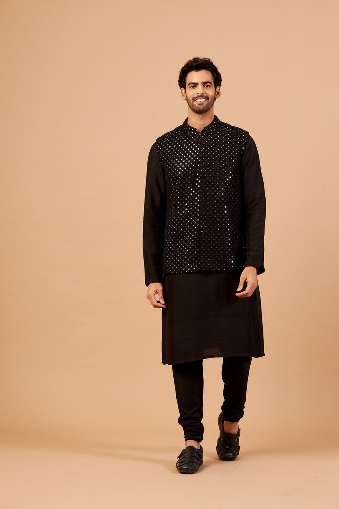 Men's Black Color Nehru Jacket With Kurta Pant Set