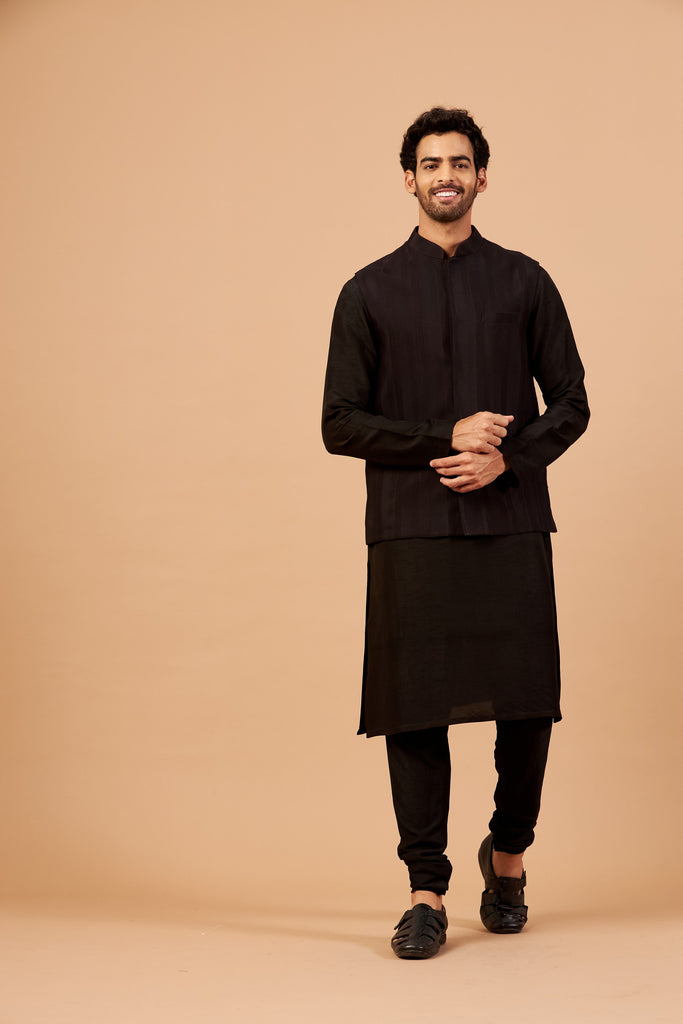 Men's Black Color Nehru Jacket With Kurta Pant Set