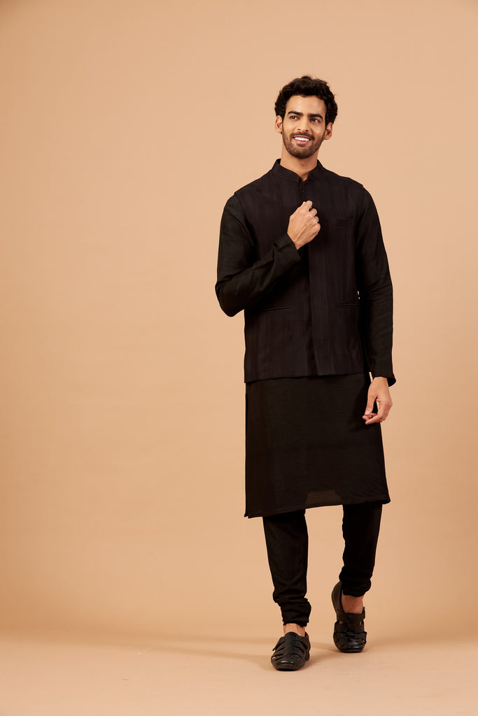 Men's Black Color Nehru Jacket With Kurta Pant Set