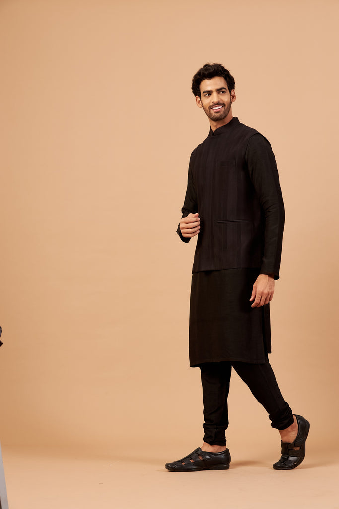 Men's Black Color Nehru Jacket With Kurta Pant Set