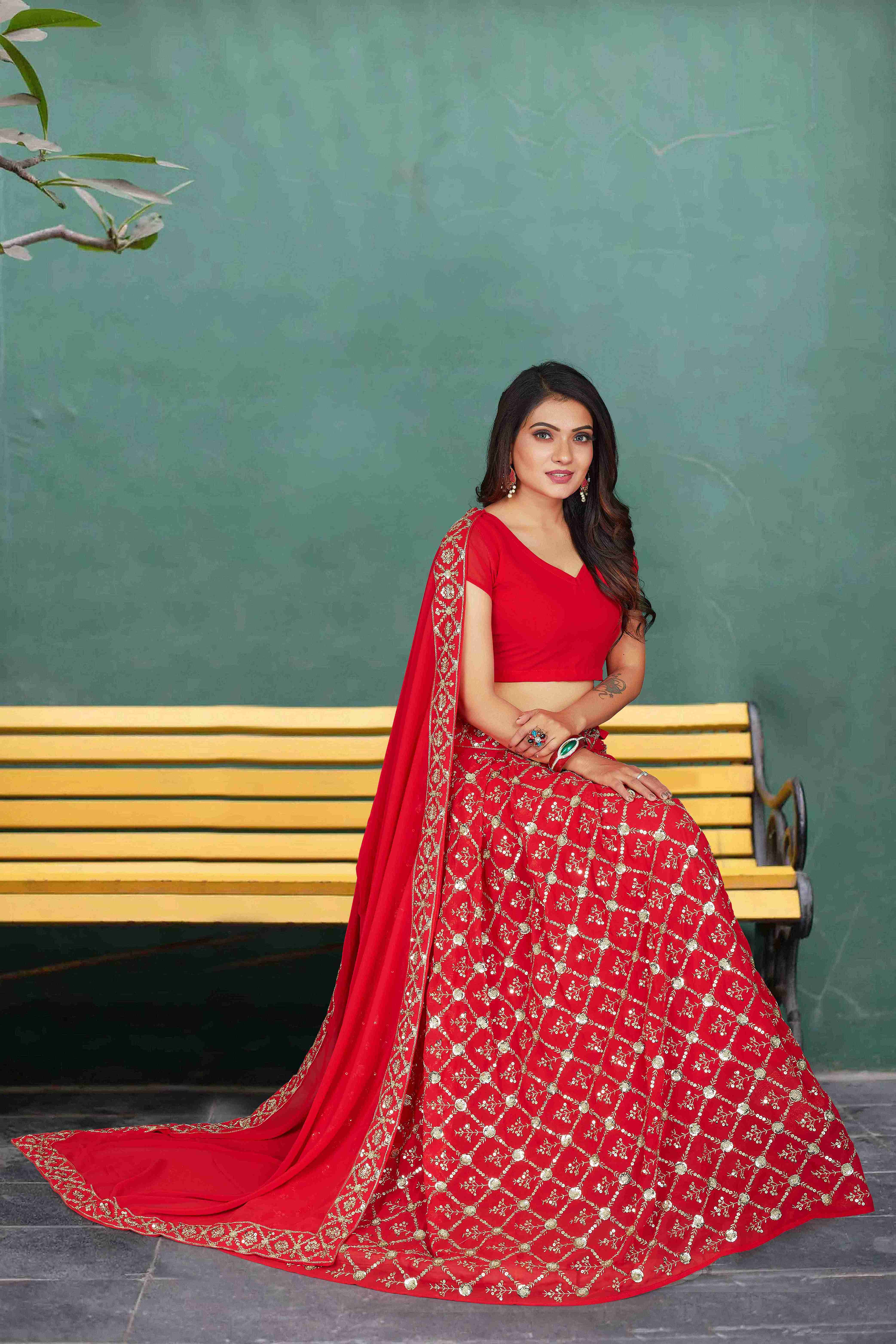 Women's Red Georgette Embroidery Lehenga Set - Harvi Trendz