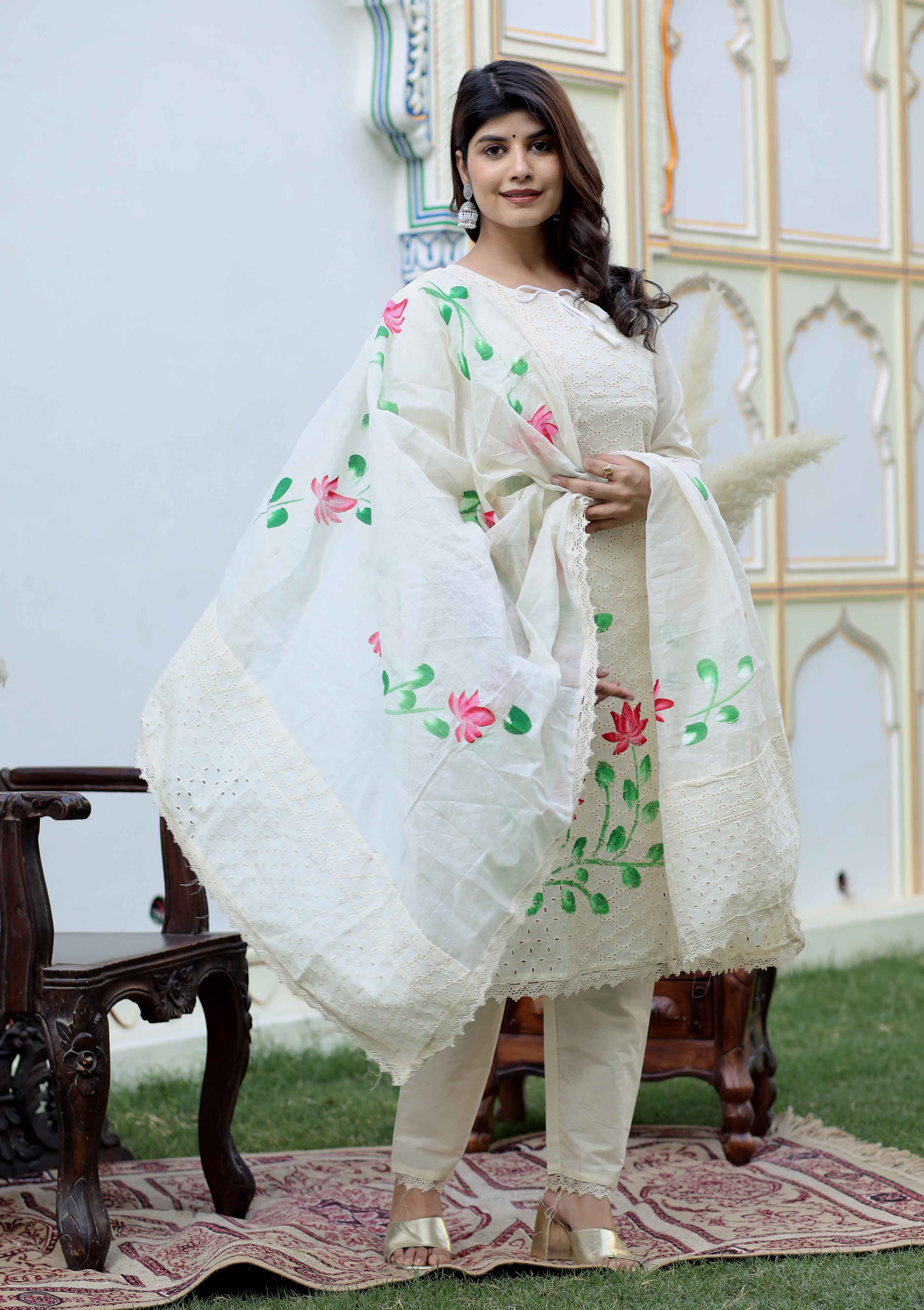 Women's Cream Embroidered Printed Cotton Straight Kurta Palazzo With Dupatta Set
 - Doriyaan