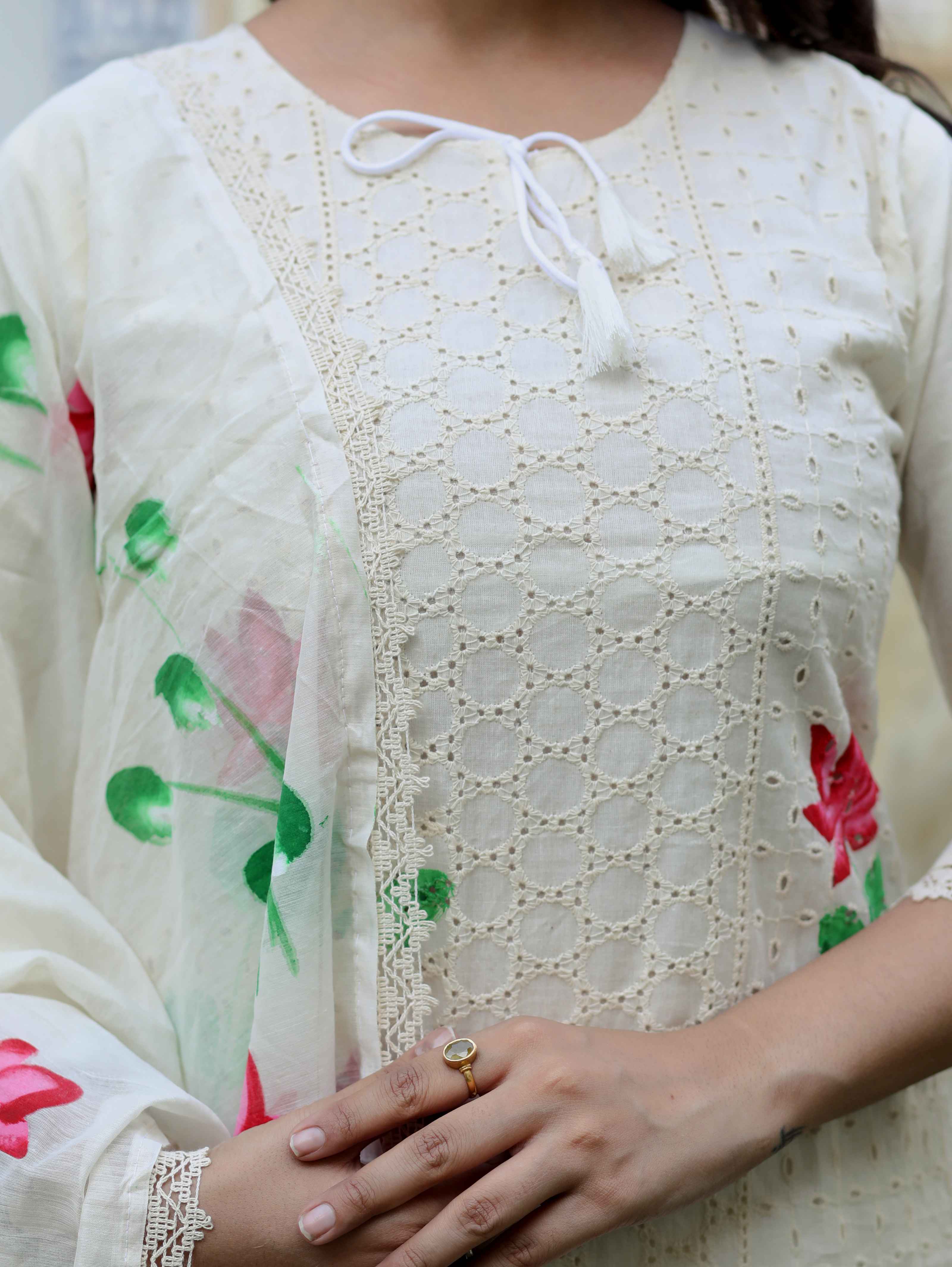 Women's Cream Embroidered Printed Cotton Straight Kurta Palazzo With Dupatta Set
 - Doriyaan
