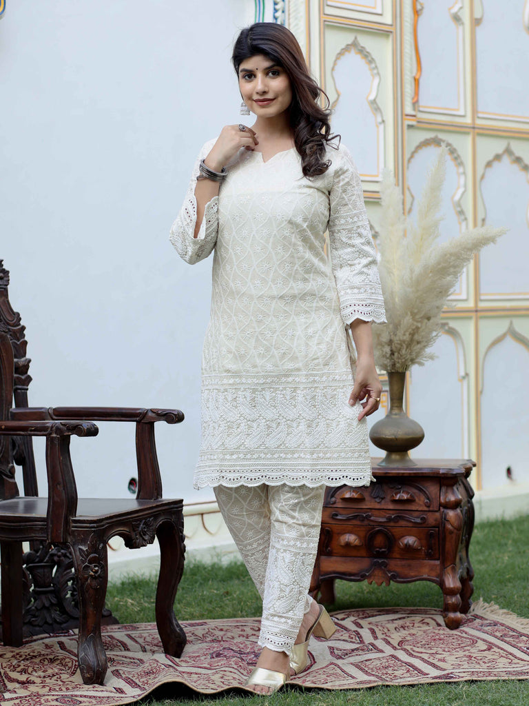 Womens Floral Embroidered Key-Holeneck Chikankari Straight Kurta With Palazzo