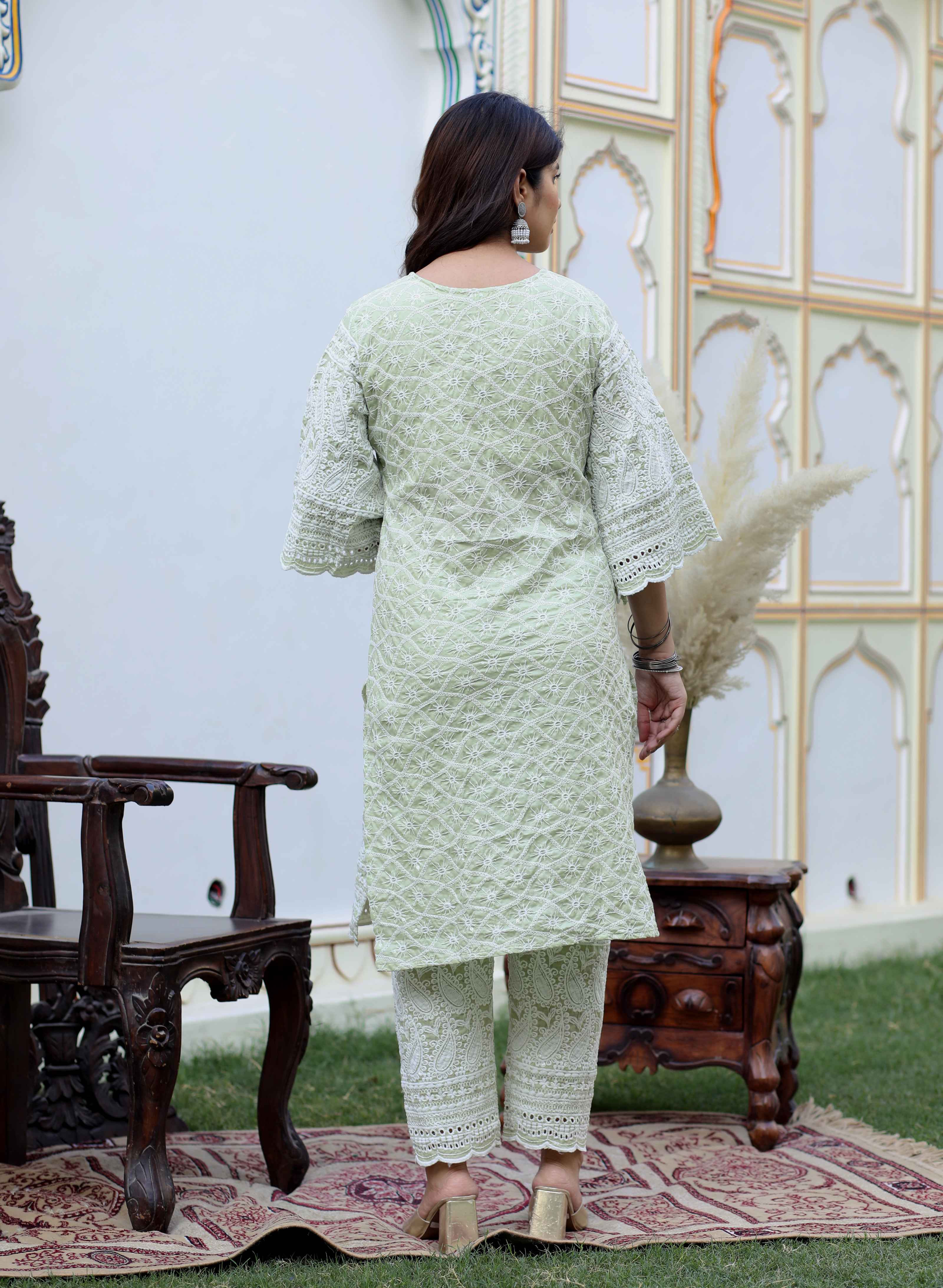 Women's Green Embroidery Chikankari Party Wear Kurta And Palazzo Set - Doriyaan