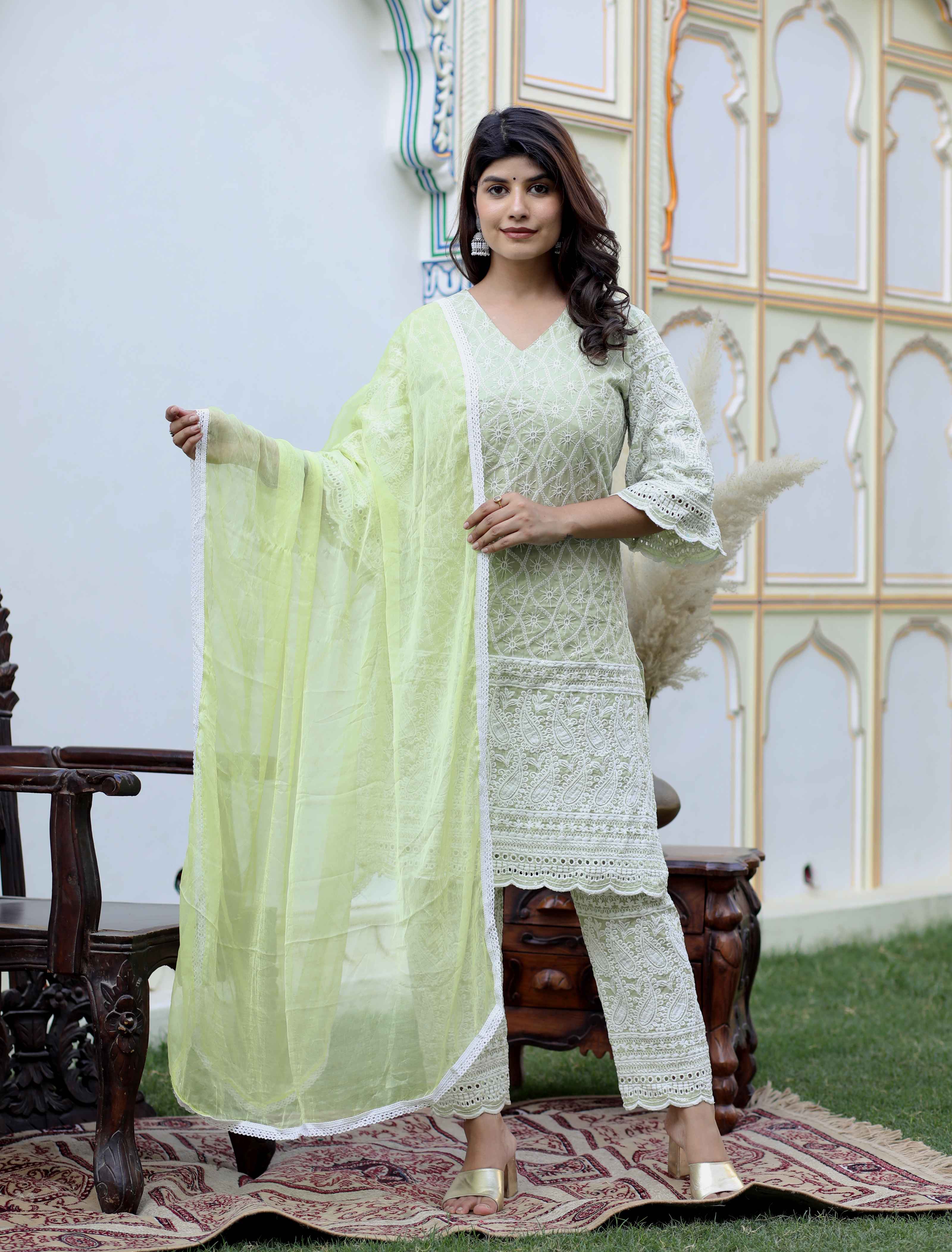 Women's Green Embroidery Chikankari Wedding Wear Kurta And Palazzo With Dupatta Set - Doriyaan
