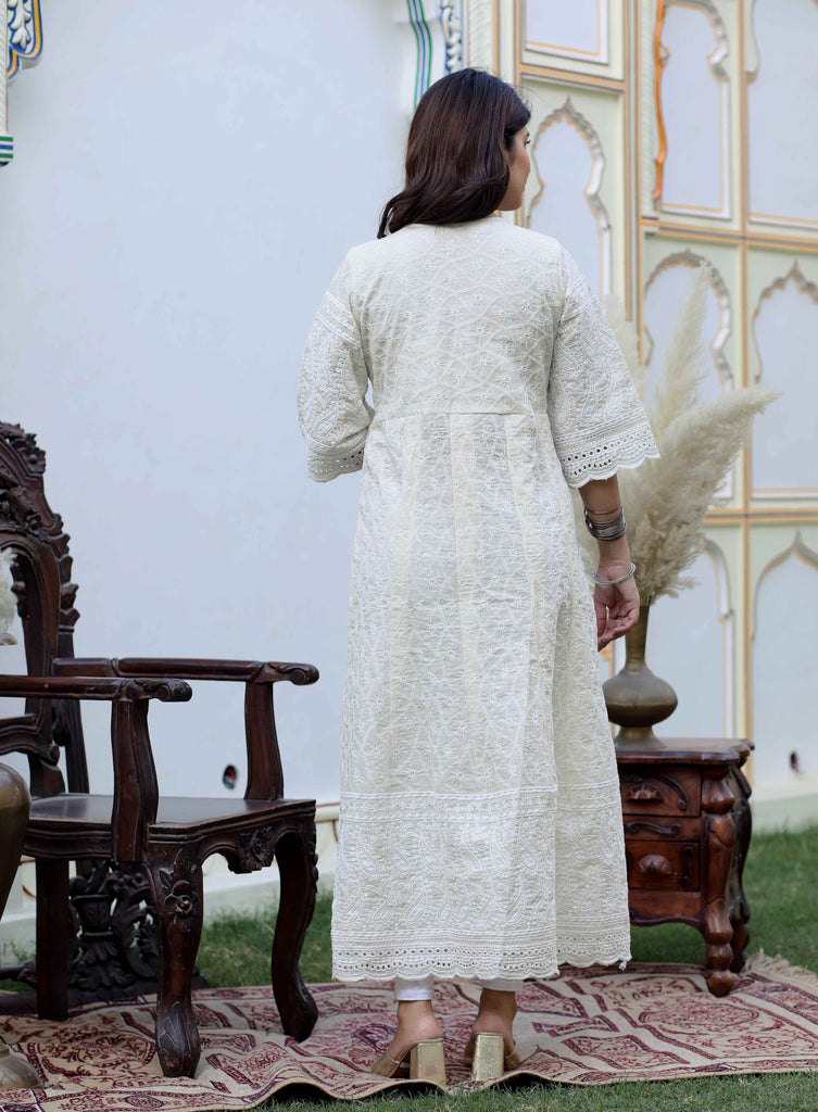 Women's Floral Embroidered Thread Work Cream Chikankari Anarkali Kurta With Cotton Dupatta