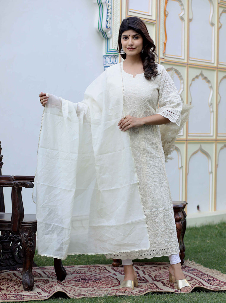Women's Floral Embroidered Thread Work Cream Chikankari Anarkali Kurta With Cotton Dupatta
